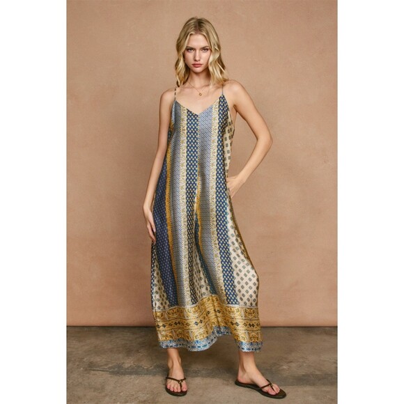 Dress Forum Pants - Boho Wide Leg Silky Satin Palazzo Jumpsuit M Multicolor Hippie Gypsy